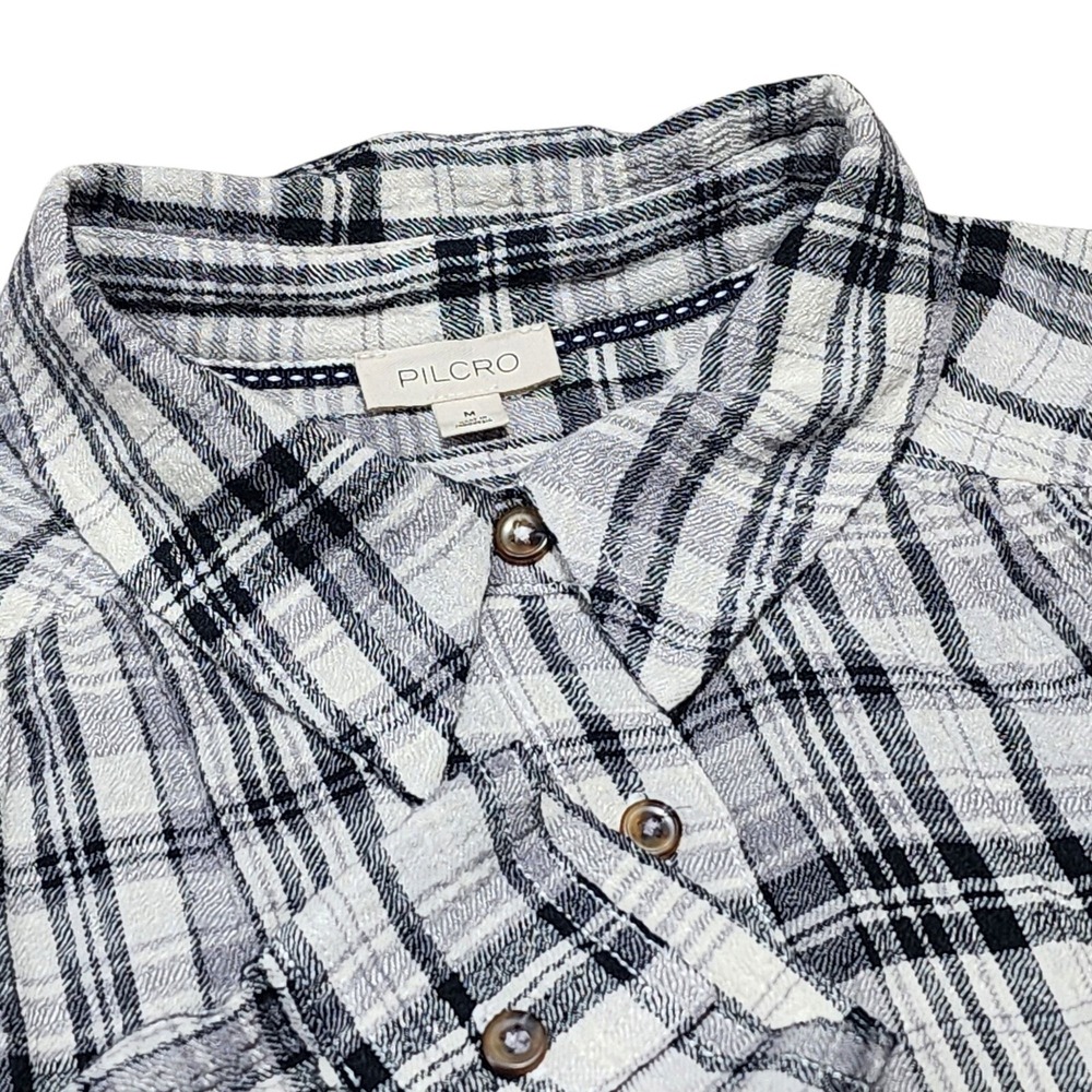Pilcro Plaid Button Down Women Medium Grey White Viscose Blend Long Sleeve Shirt